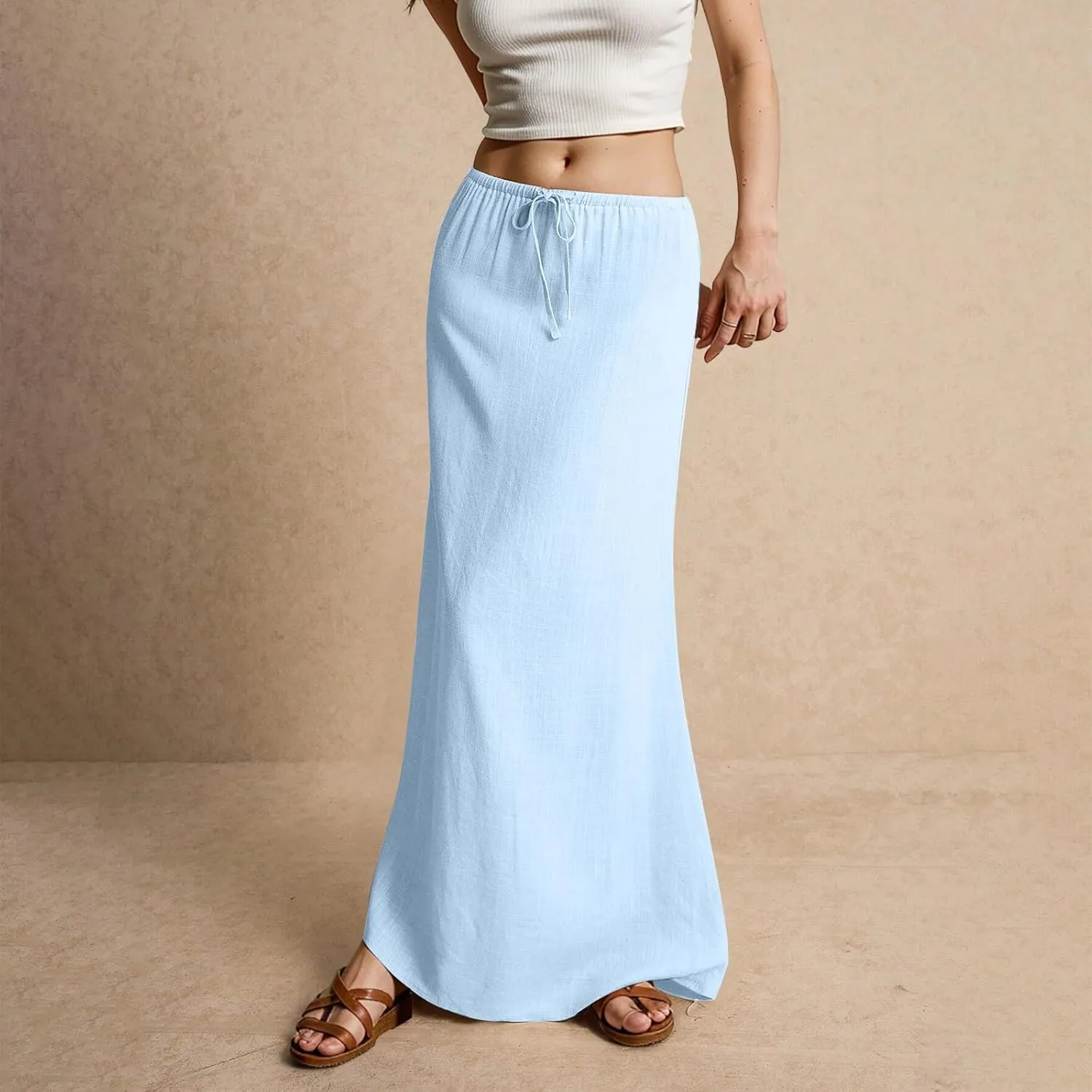 Womens Linen Maxi Skirt Elastic High Waist Swing Tiered A-line Flowy Pleated Beach Vacation Long Skirts