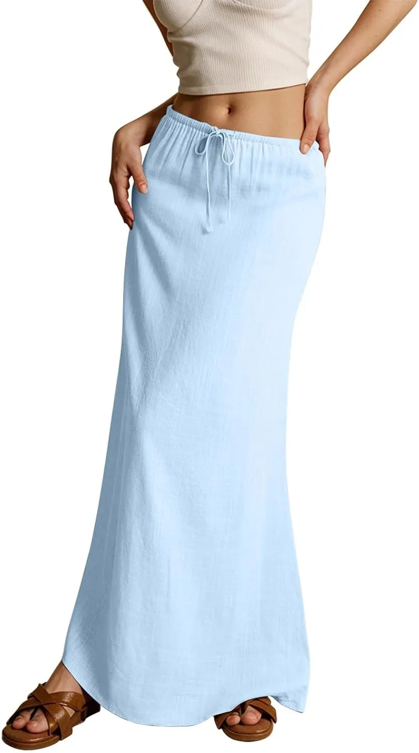 Womens Linen Maxi Skirt Elastic High Waist Swing Tiered A-line Flowy Pleated Beach Vacation Long Skirts