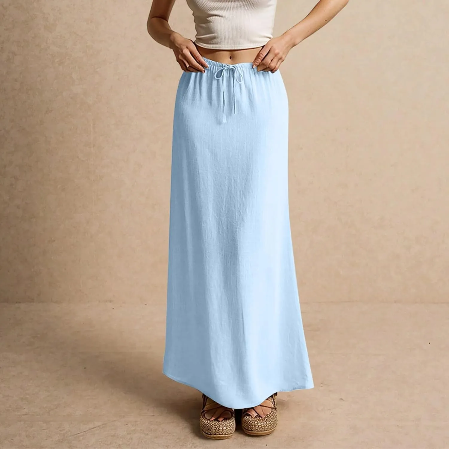 Womens Linen Maxi Skirt Elastic High Waist Swing Tiered A-line Flowy Pleated Beach Vacation Long Skirts