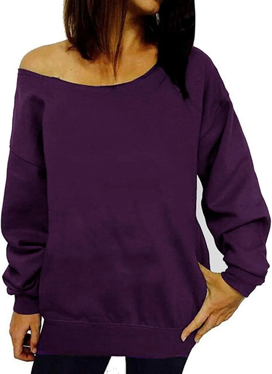 Womens Off Shoulder Sweatshirt Slouchy Long Sleeve Shirts Pullover Tops