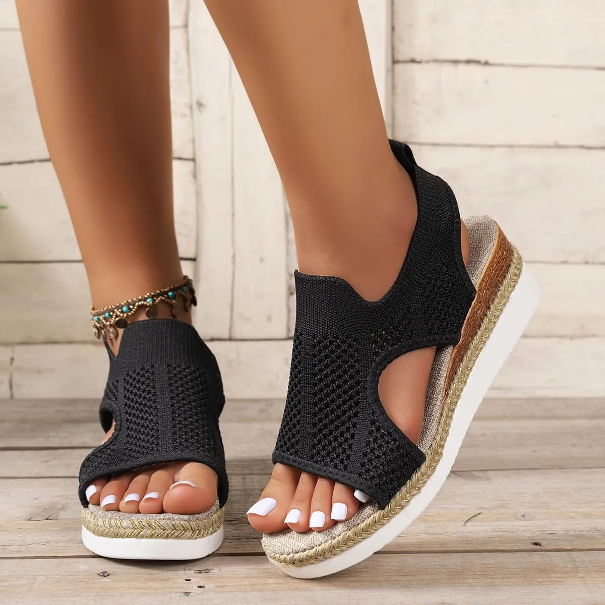Women's Orthopedic Arch Support Sandals Diabetic Walking Shoes Woven Closed Toe Breathable Comfortable Walking Fit Plantar Fasciitis Wedges Sandal Mesh Fishmouth Ankle Strap Shoes