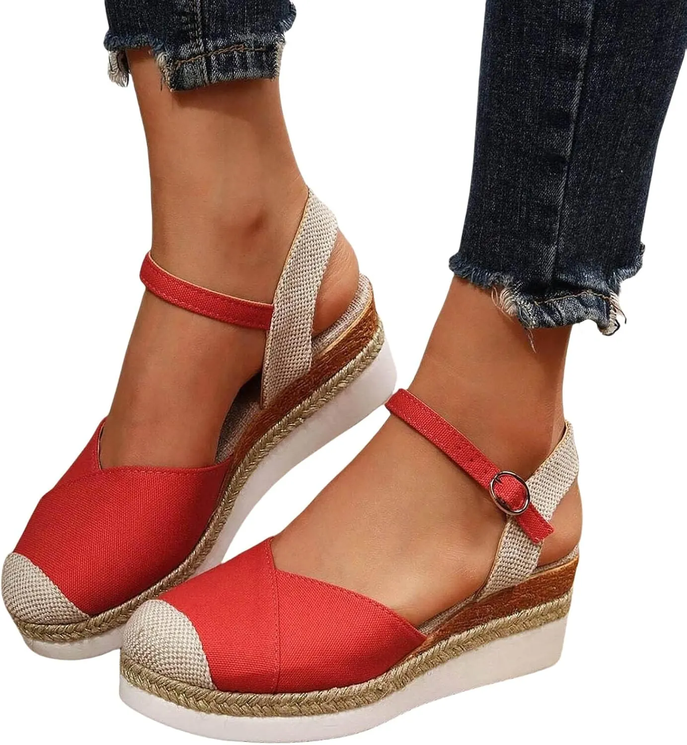 Womens Platform Espadrille Sandals Closed Toe Casual Low Wedge Heel Sandals with Buckle Ankle Strap Stylish Dressy Summer Wedges Comfortable Outdoor Shoes