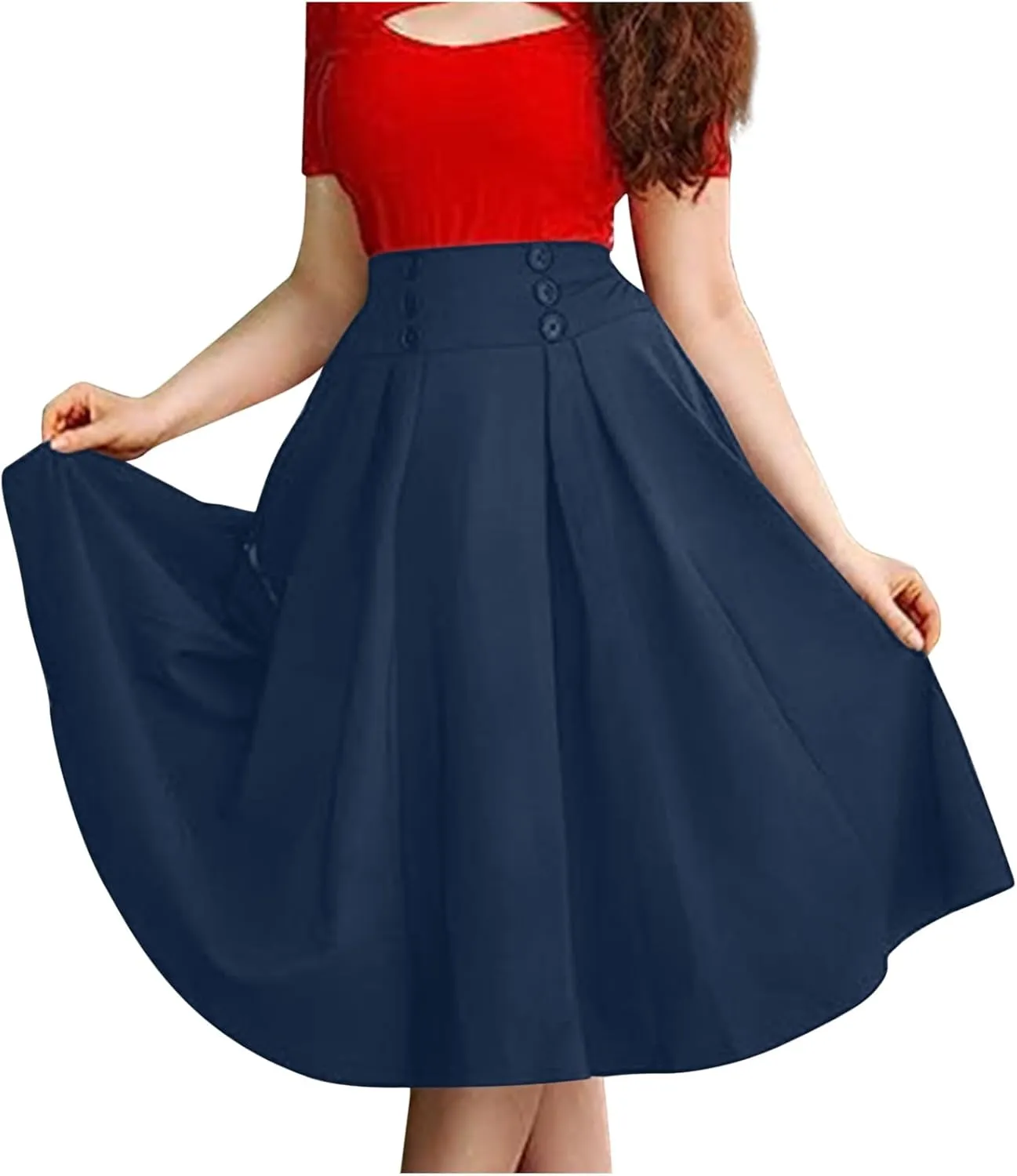 Womens Pleated Skirt High Waist Midi Skirts A Line Vintage Skirts Dressy Casual Button Skirt Elegant Cocktail Skirts