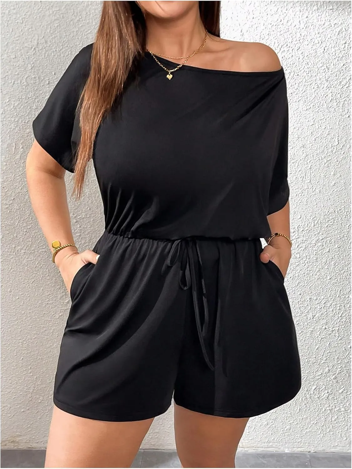 Women's Plus Size Off Shoulder Romper Short Sleeve Drawstring Front Shorts Jumpsuit Tops