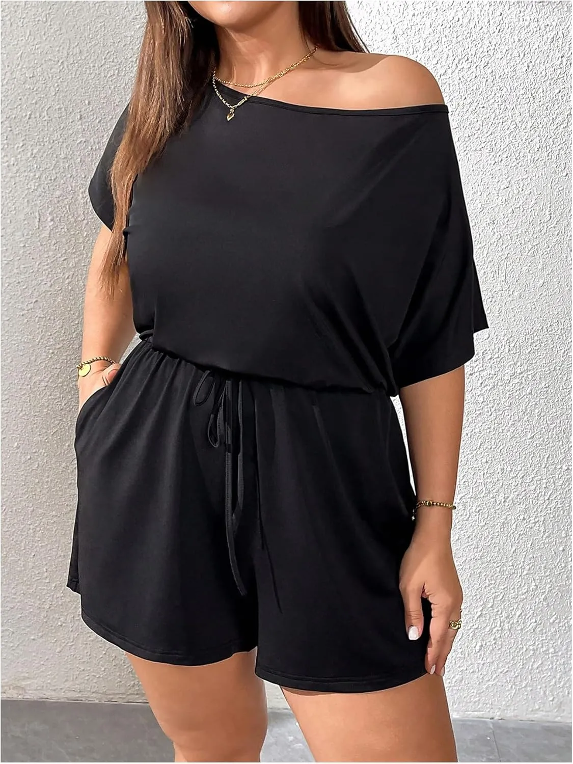 Women's Plus Size Off Shoulder Romper Short Sleeve Drawstring Front Shorts Jumpsuit Tops