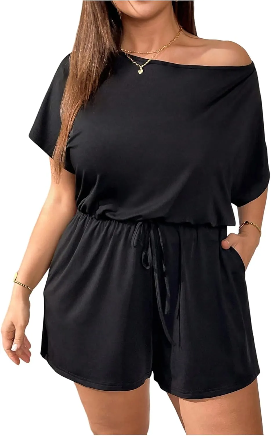 Women's Plus Size Off Shoulder Romper Short Sleeve Drawstring Front Shorts Jumpsuit Tops