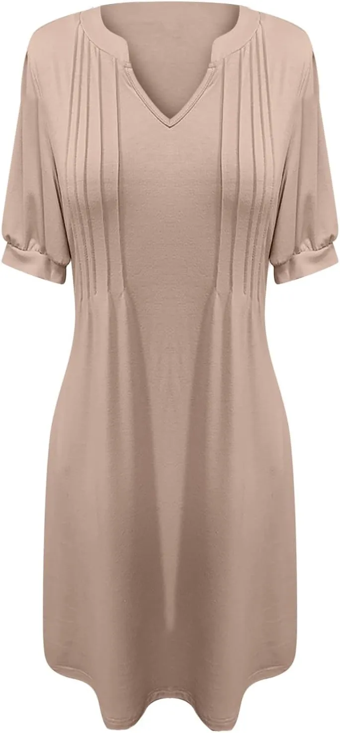 Women's Summer 2025 Puff Short Sleeve Casual V Neck Mini Dresses Summer Pleated T-Shirt Tunic Beach Short Dress