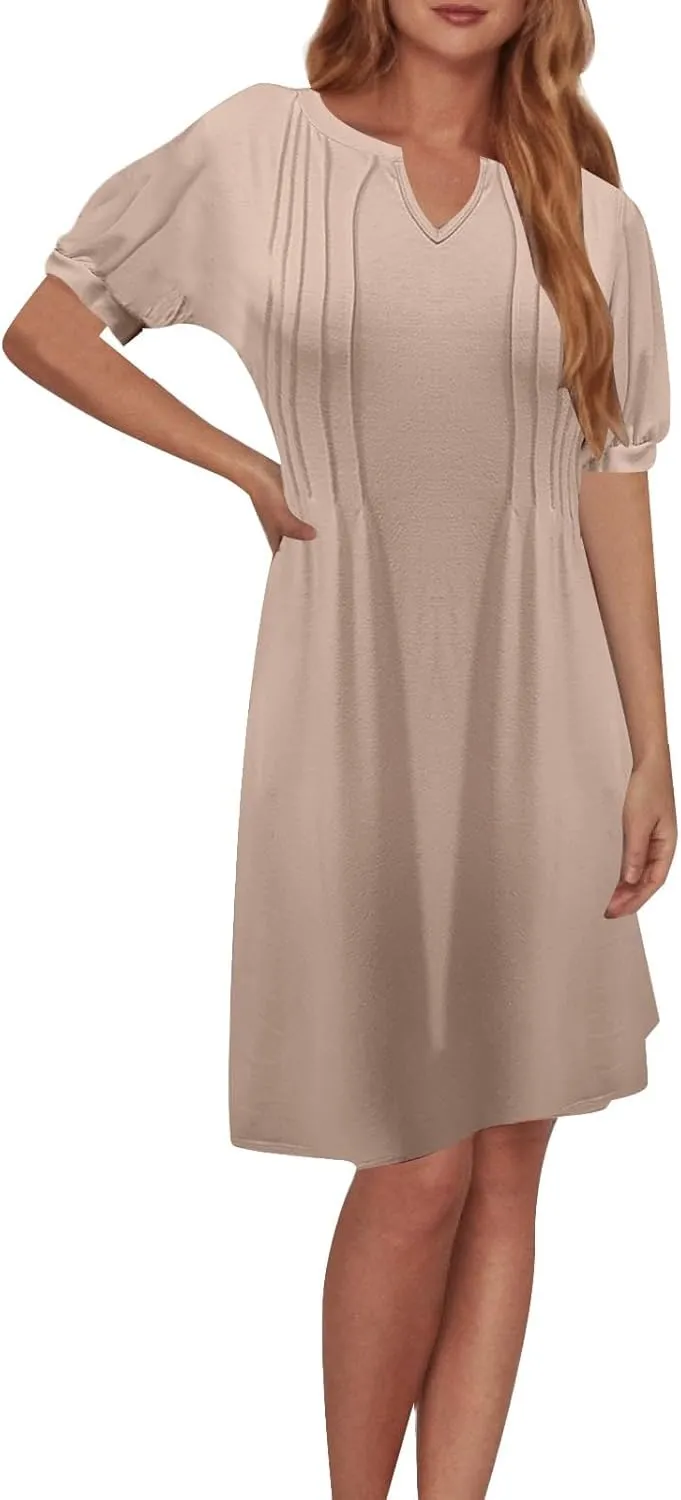 Women's Summer 2025 Puff Short Sleeve Casual V Neck Mini Dresses Summer Pleated T-Shirt Tunic Beach Short Dress