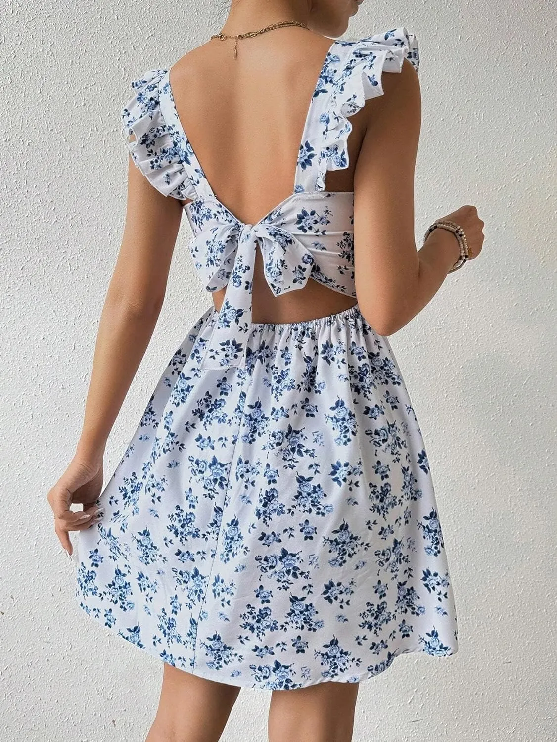 Women's Summer Dresses Casual Square Neck Floral Sundress Back Tie A Line Flowy Beach Dress