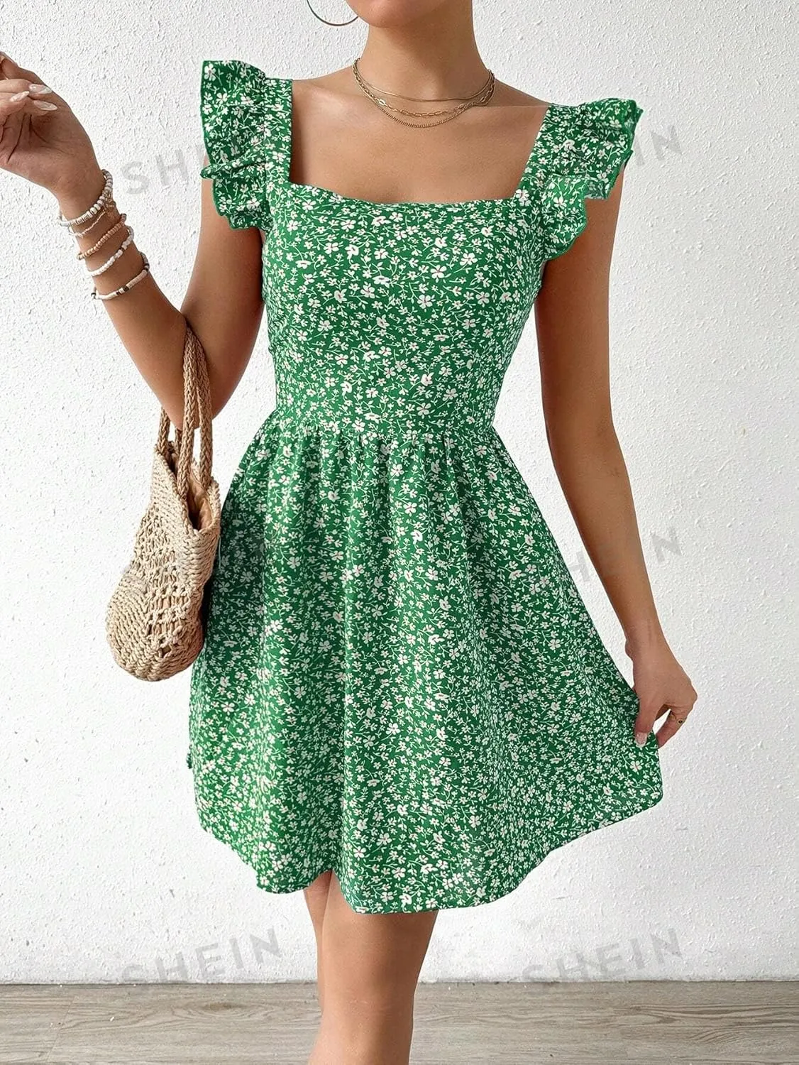 Women's Summer Dresses Casual Square Neck Floral Sundress Back Tie A Line Flowy Beach Dress