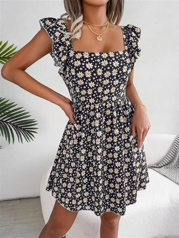 Women's Summer Dresses Casual Square Neck Floral Sundress Back Tie A Line Flowy Beach Dress