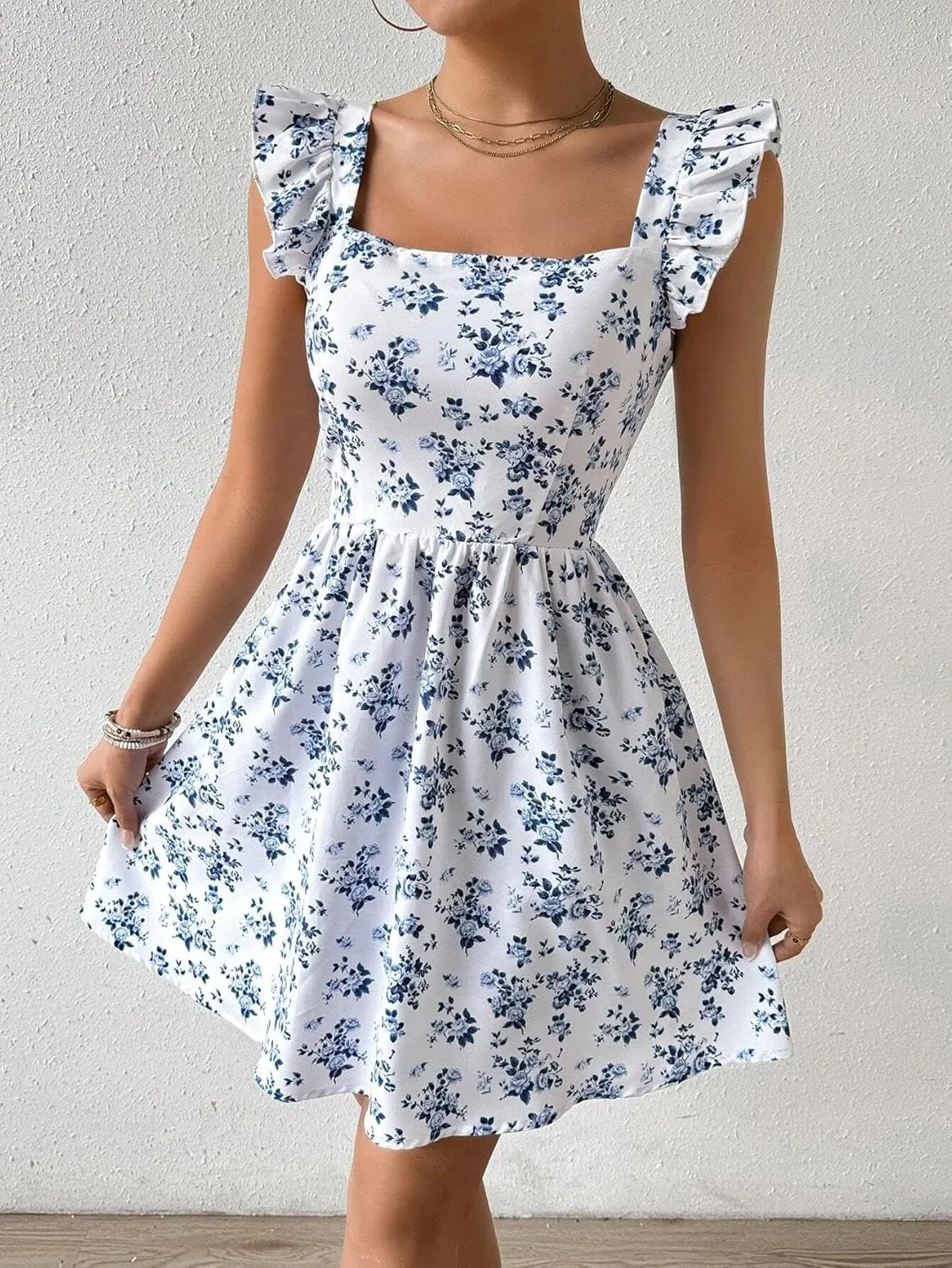 Women's Summer Dresses Casual Square Neck Floral Sundress Back Tie A Line Flowy Beach Dress