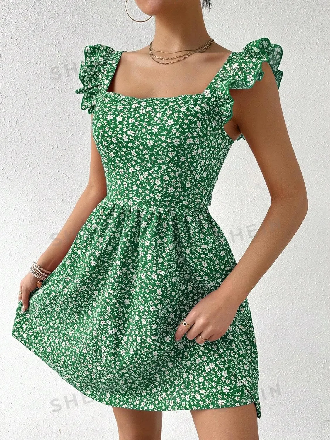 Women's Summer Dresses Casual Square Neck Floral Sundress Back Tie A Line Flowy Beach Dress