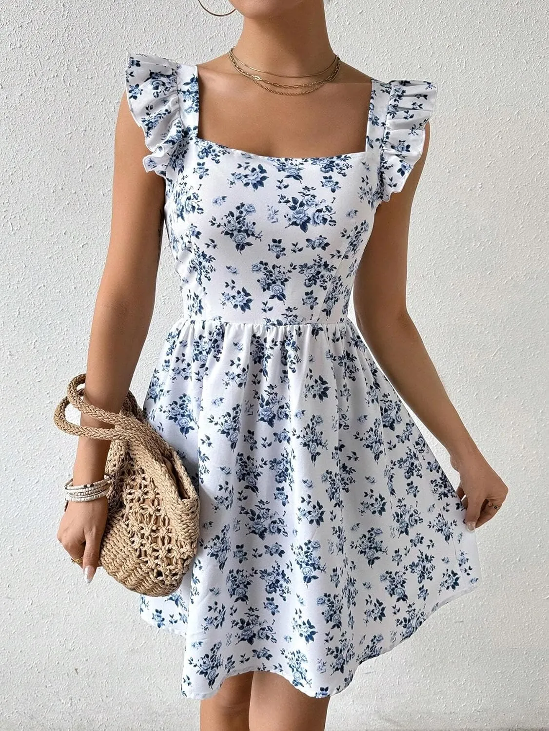 Women's Summer Dresses Casual Square Neck Floral Sundress Back Tie A Line Flowy Beach Dress
