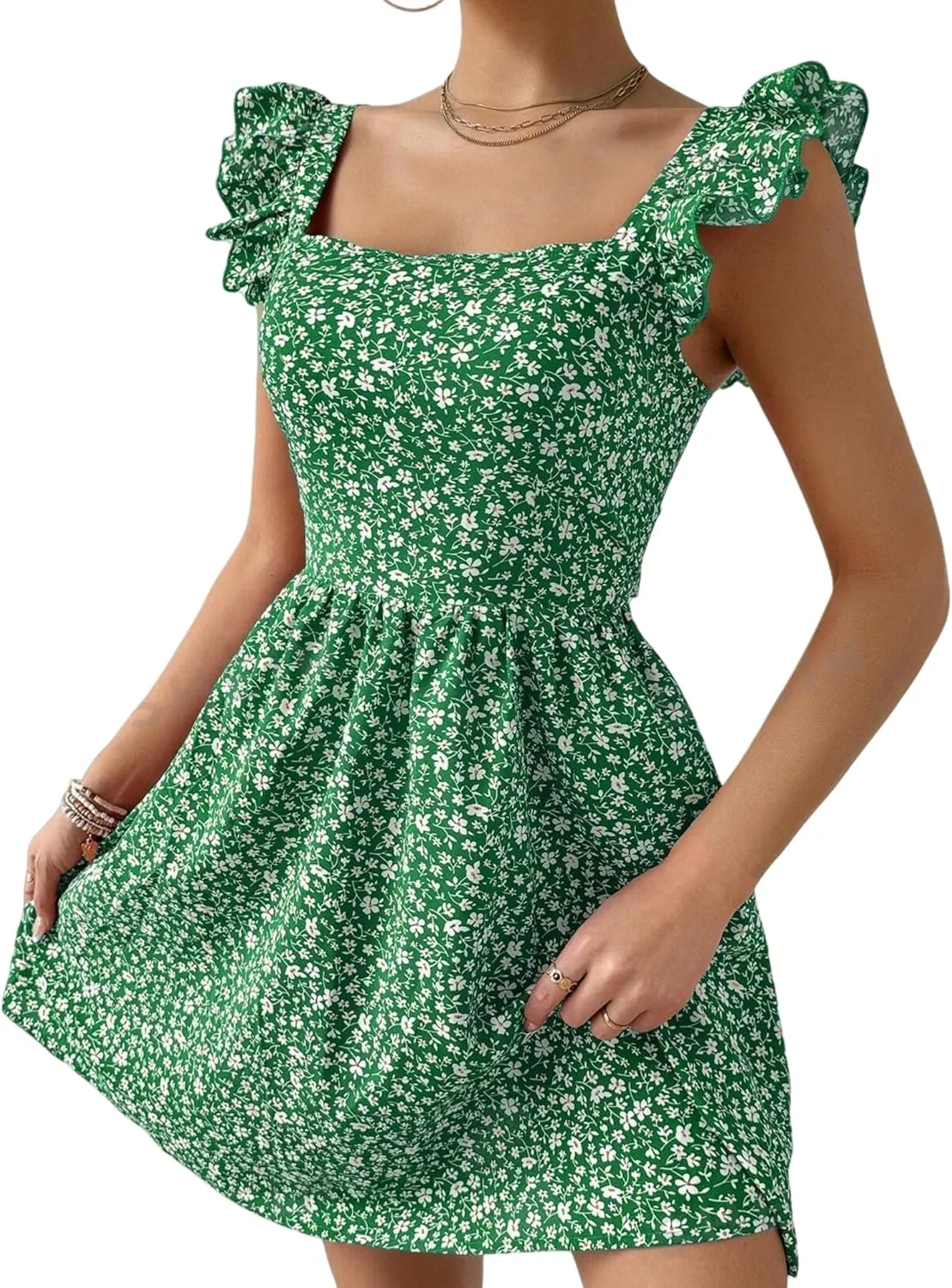 Women's Summer Dresses Casual Square Neck Floral Sundress Back Tie A Line Flowy Beach Dress