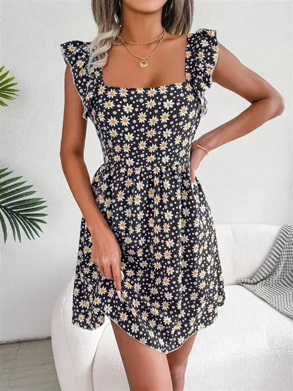 Women's Summer Dresses Casual Square Neck Floral Sundress Back Tie A Line Flowy Beach Dress