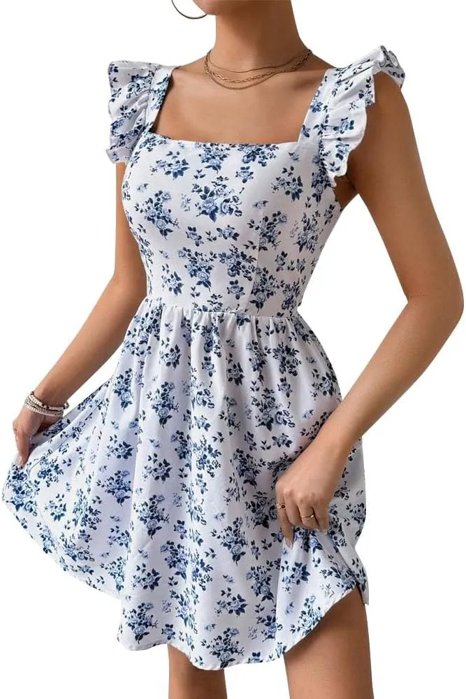 Women's Summer Dresses Casual Square Neck Floral Sundress Back Tie A Line Flowy Beach Dress