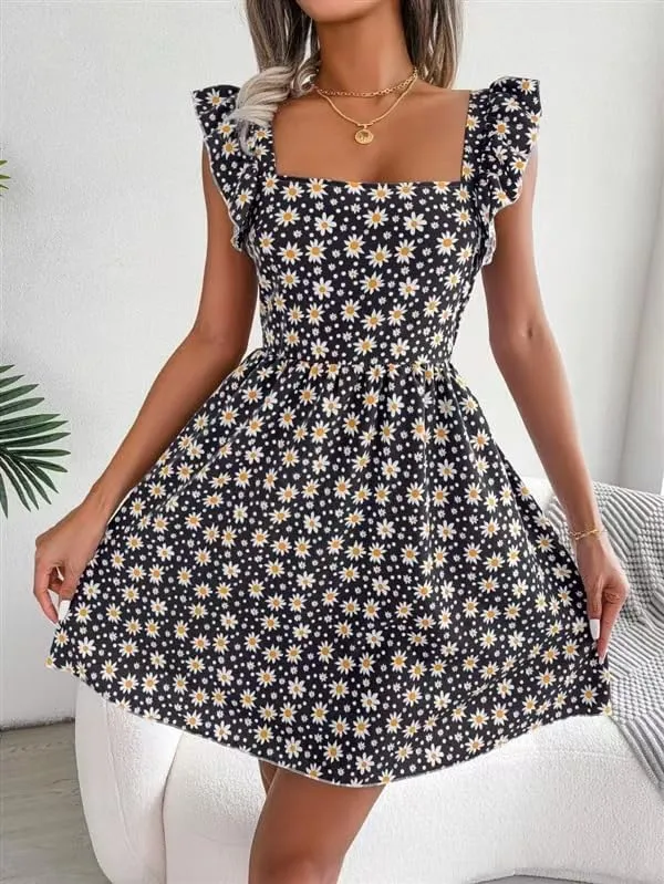 Women's Summer Dresses Casual Square Neck Floral Sundress Back Tie A Line Flowy Beach Dress