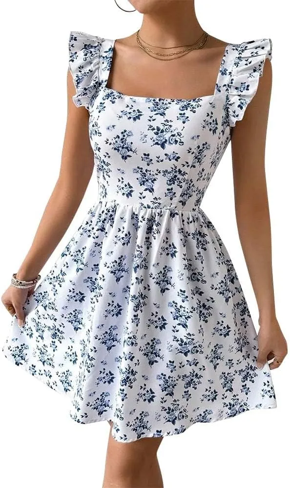 Women's Summer Dresses Casual Square Neck Floral Sundress Back Tie A Line Flowy Beach Dress