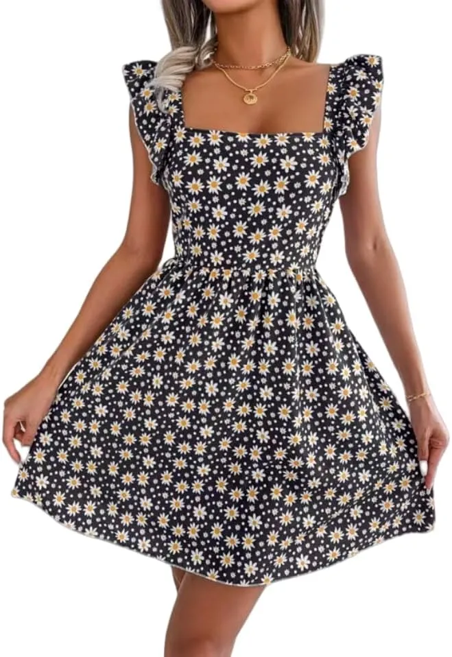 Women's Summer Dresses Casual Square Neck Floral Sundress Back Tie A Line Flowy Beach Dress