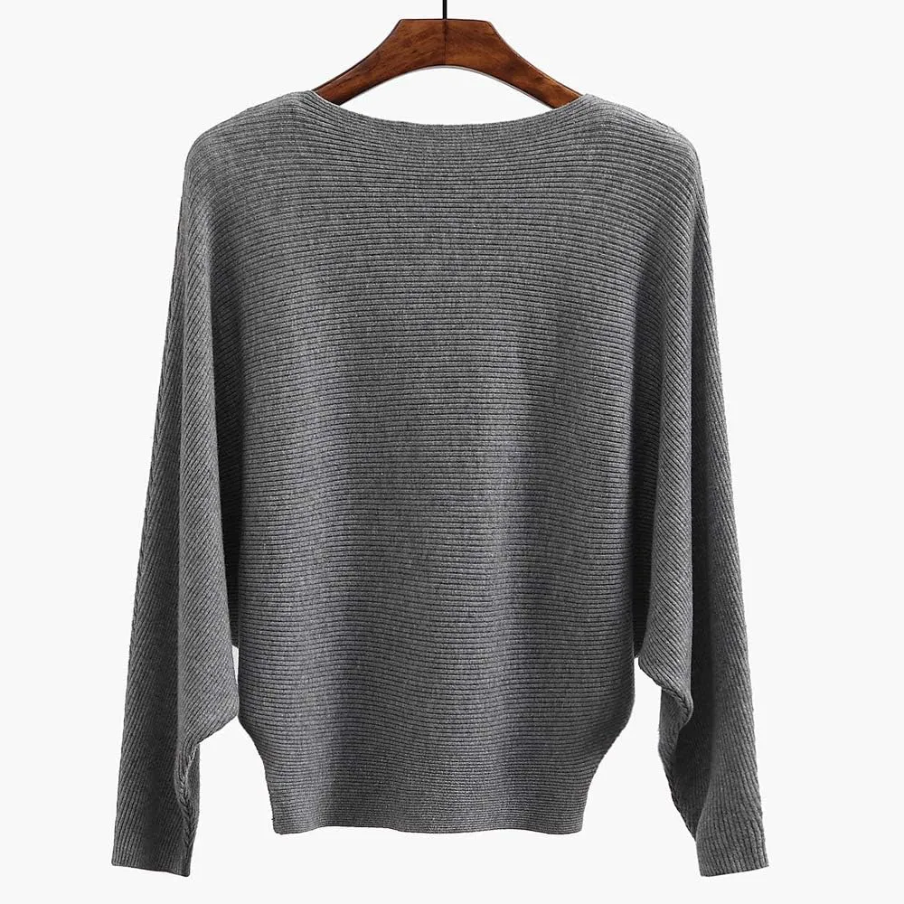 Women's Sweater Off Shoulder Batwing Sleeve Loose Pullover Solid Sweater Knit Jumper Tops