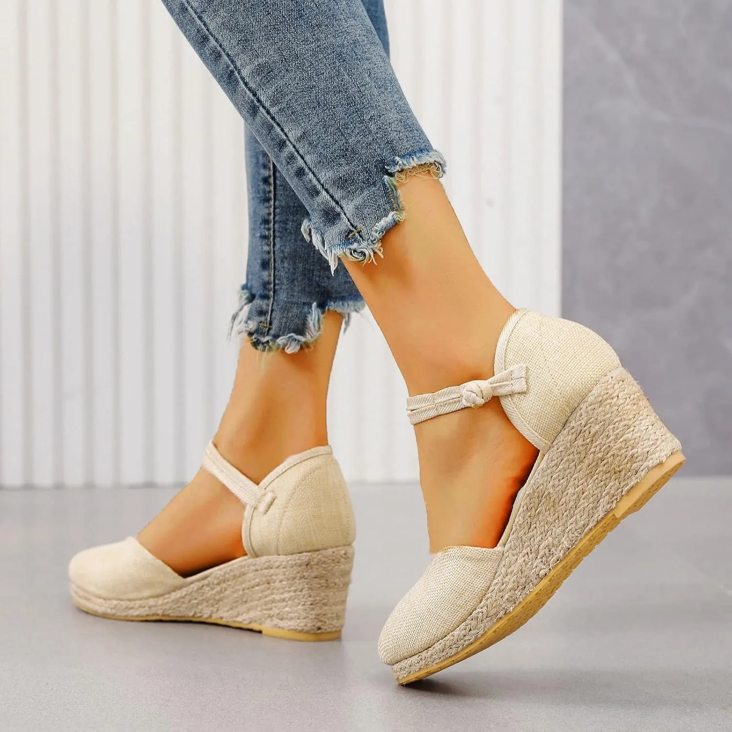Womens Wedge Espadrille Sandals Closed Toe Ankle Strap Platform Espadrilles Wedges Sandals Slingback Summer Dressy Flat Sandal Woven Slip On Bohemian Breathable Low Heel Sandal Comfortable Shoes