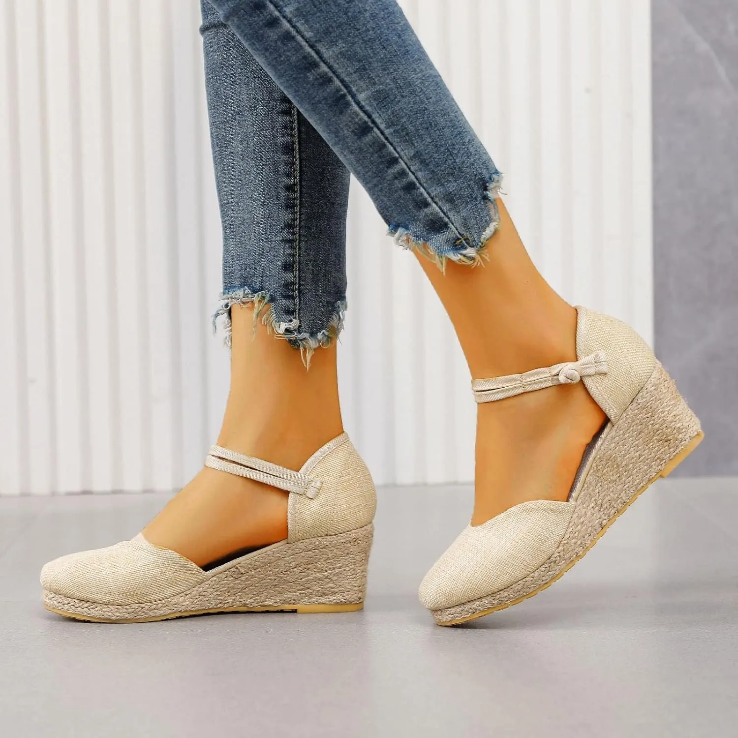 Womens Wedge Espadrille Sandals Closed Toe Ankle Strap Platform Espadrilles Wedges Sandals Slingback Summer Dressy Flat Sandal Woven Slip On Bohemian Breathable Low Heel Sandal Comfortable Shoes