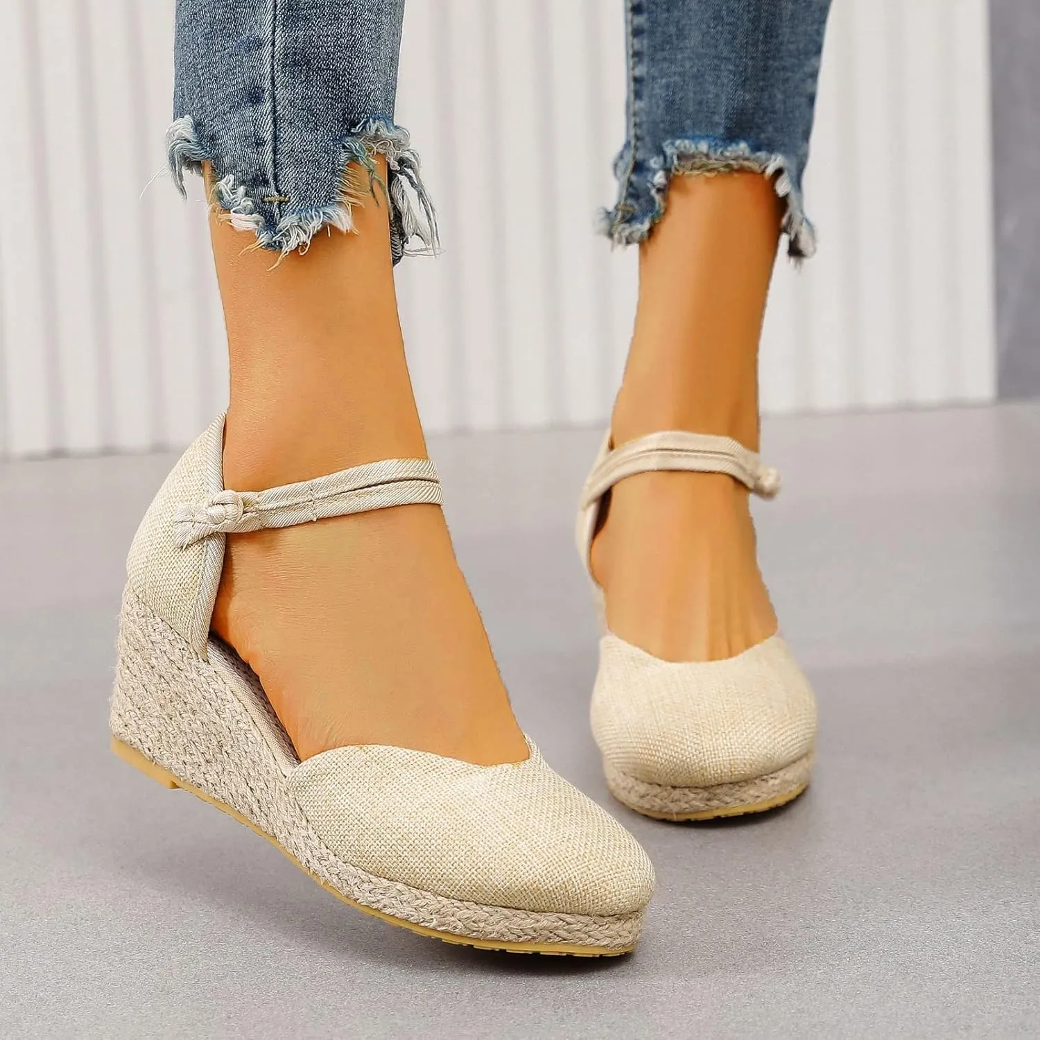 Womens Wedge Espadrille Sandals Closed Toe Ankle Strap Platform Espadrilles Wedges Sandals Slingback Summer Dressy Flat Sandal Woven Slip On Bohemian Breathable Low Heel Sandal Comfortable Shoes