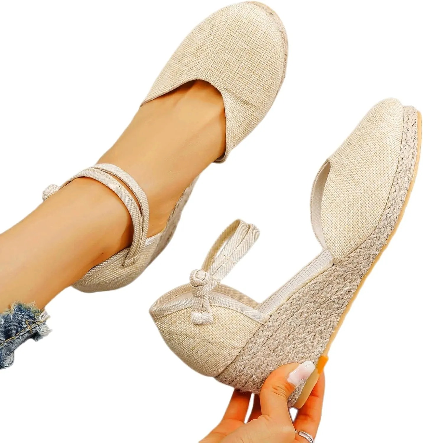 Womens Wedge Espadrille Sandals Closed Toe Ankle Strap Platform Espadrilles Wedges Sandals Slingback Summer Dressy Flat Sandal Woven Slip On Bohemian Breathable Low Heel Sandal Comfortable Shoes