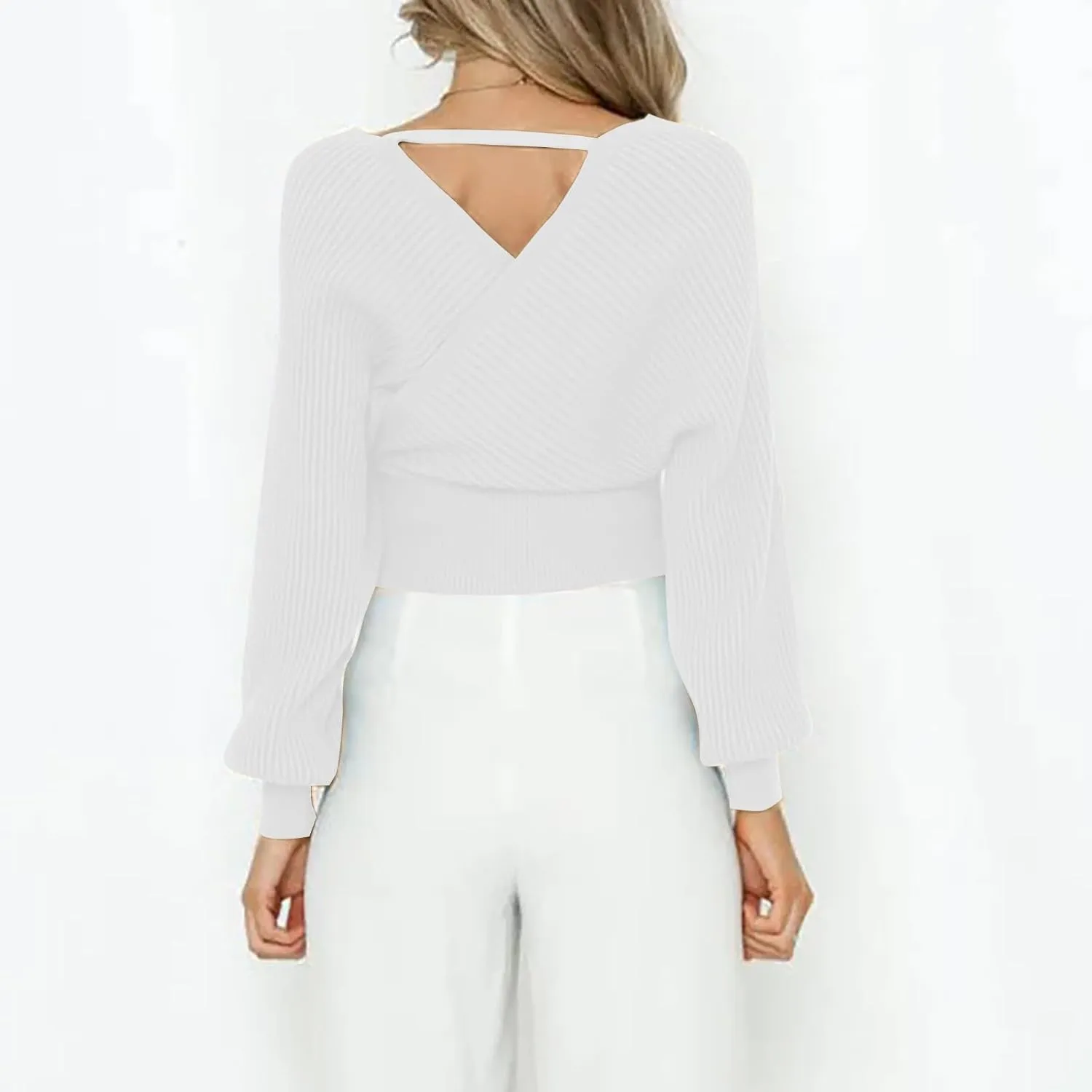 Women's Wrap V Neck Knit Cropped Sweater Puff Long Sleeve Sexy Cross Drop Shoulder Off Shoulder Pullover Tops