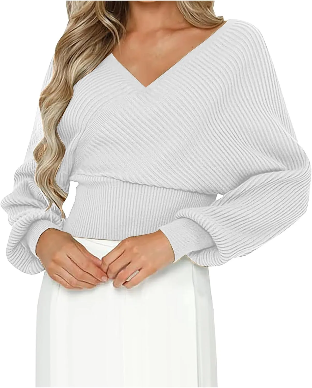 Women's Wrap V Neck Knit Cropped Sweater Puff Long Sleeve Sexy Cross Drop Shoulder Off Shoulder Pullover Tops