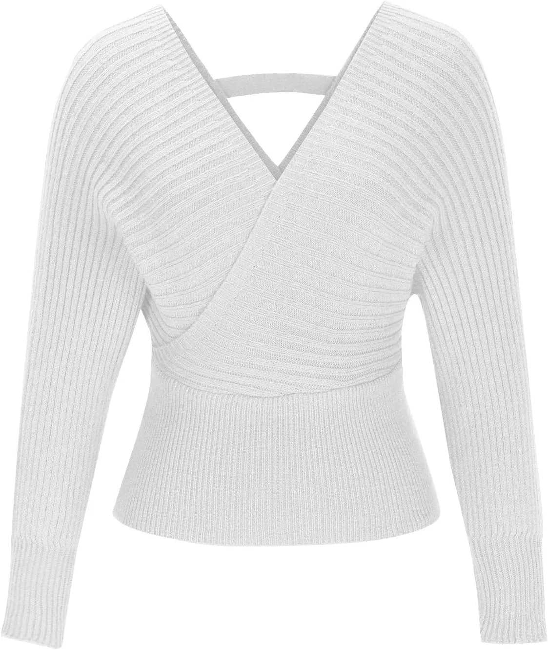 Women's Wrap V Neck Knit Cropped Sweater Puff Long Sleeve Sexy Cross Drop Shoulder Off Shoulder Pullover Tops