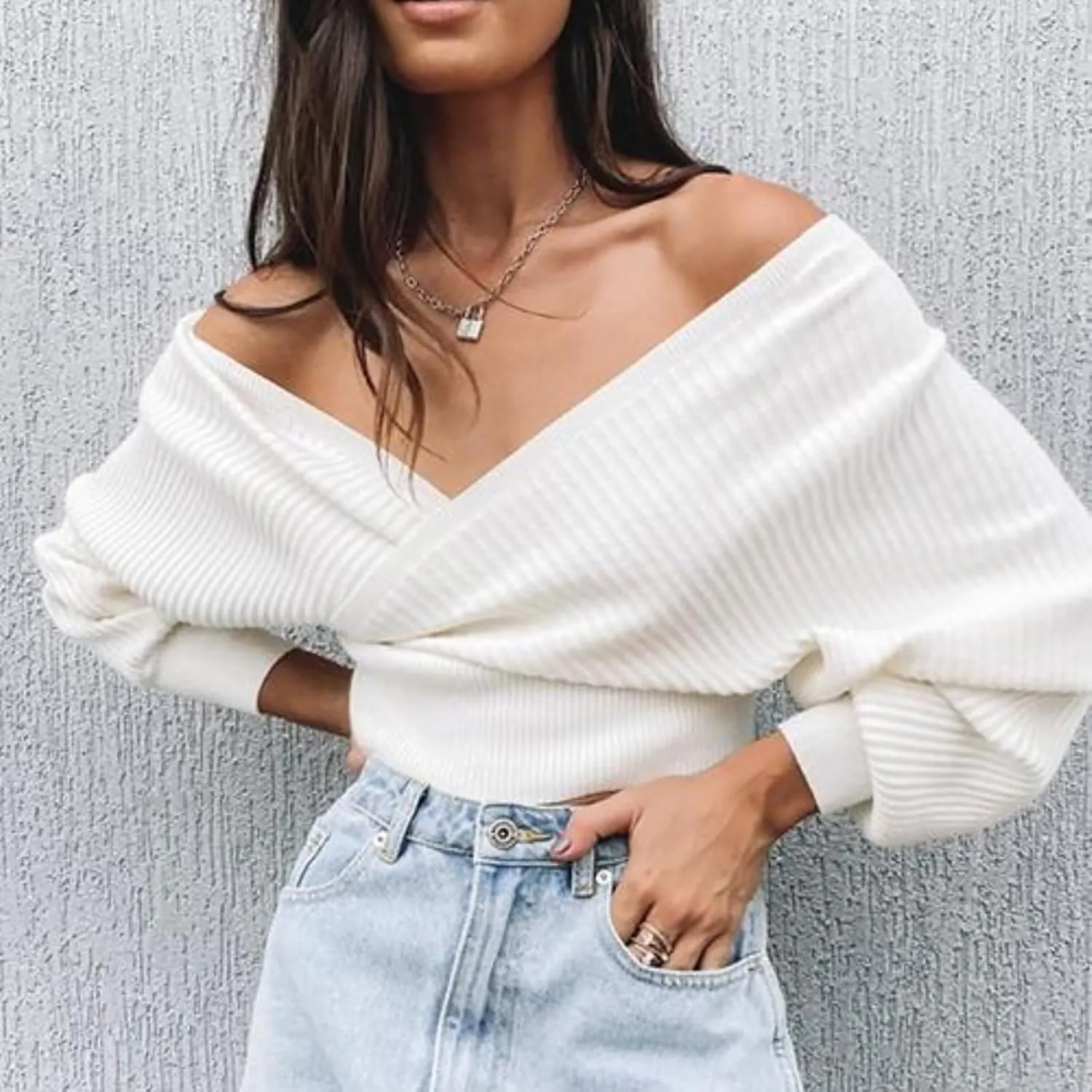 Women's Wrap V Neck Knit Cropped Sweater Puff Long Sleeve Sexy Cross Drop Shoulder Off Shoulder Pullover Tops