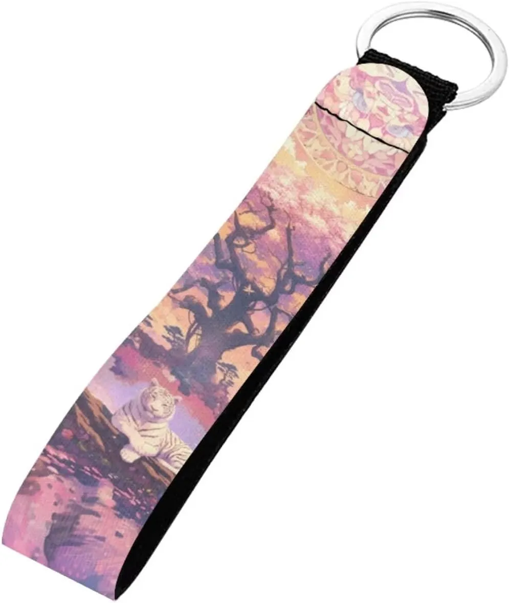 Wristlet Lanyard Keychain Car Keychain, Tiger Flower Printed Long Hand Wristlet Keychain Strap with Key Ring, Wrist Lanyard Key Chain Lanyard for Car Keys, Wallets, and ID Badge